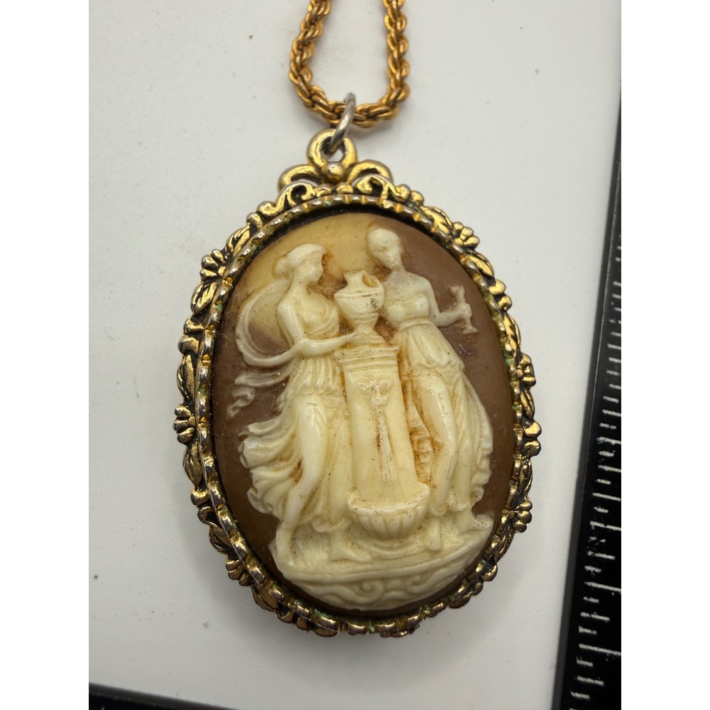 Vintage‎ Gold Tone Cameo Perfume Balm Locket Necklace Classical Figures 24 In